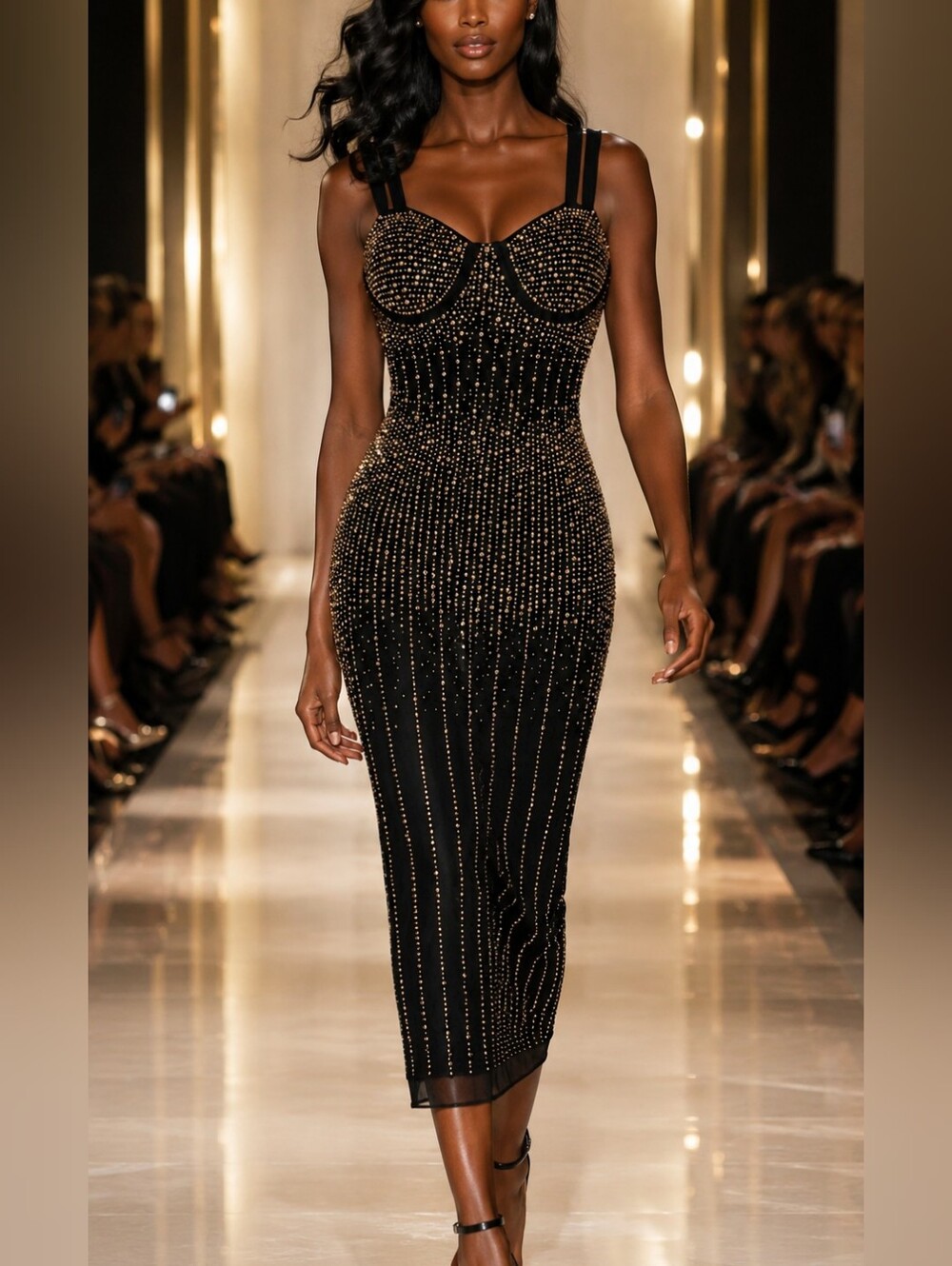 Beautiful Black Embellished Midi Mesh Dress with Gold Stud Detail Size LARGE